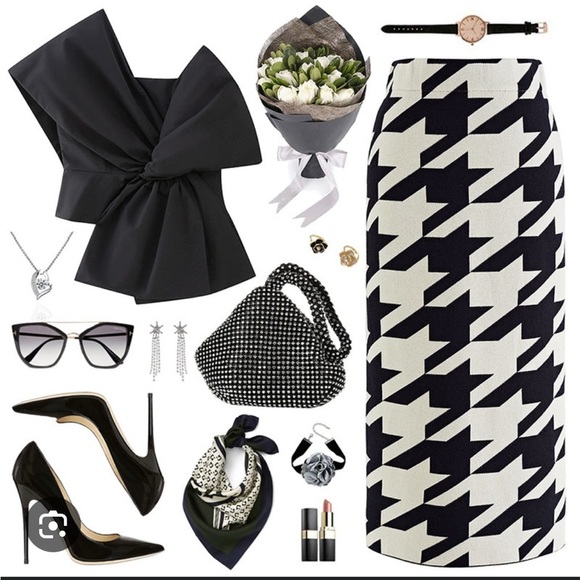 VINTAGE Houndstooth Plaid Midi Pencil Skirt Wool Blend | Grey/White | S/M - Picture 11 of 11